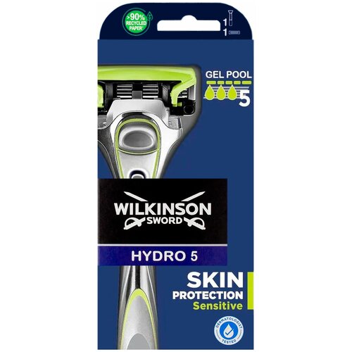 Купить Бритвенный станок WILKINSON SWORD Schick HYDRO5 Skin Protection Sensitive (1 ст., 1 кас.), 5-лезв., плав.головка, увл.полоса, метал.прорезиненная ручка, зеленый/синий