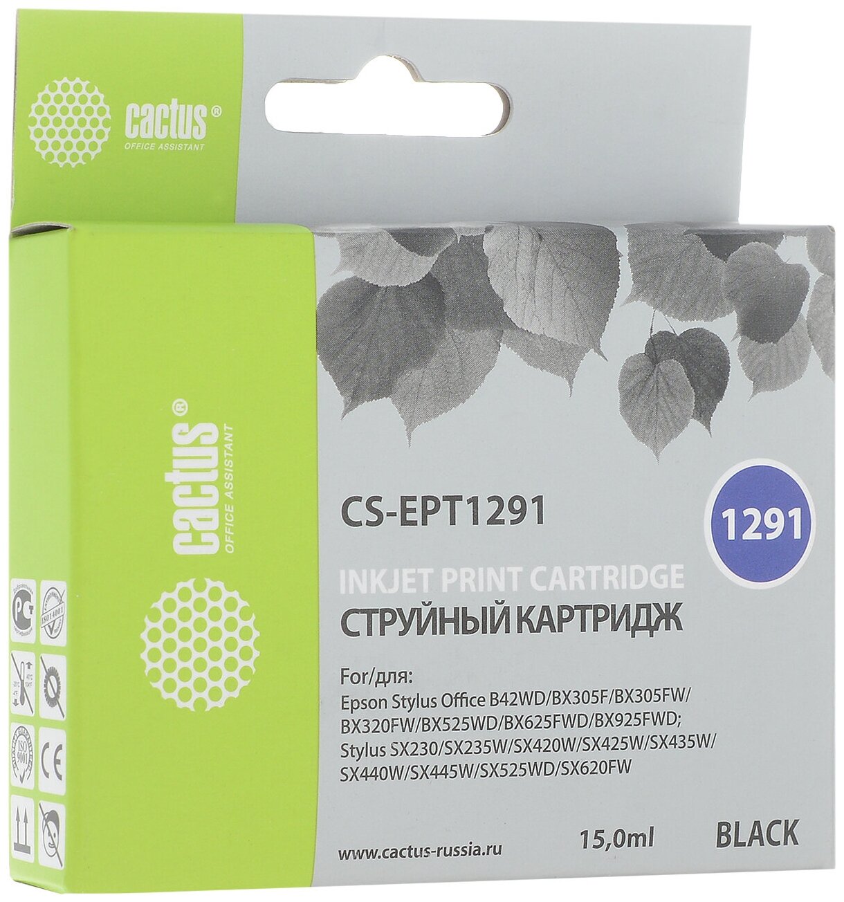 Картридж Cactus CS-EPT1291 T1291 черный, для EPSON Stylus Office B42/BX305/BX305F/BX320/BX525/BX625/SX420/SX425/SX525/SX620