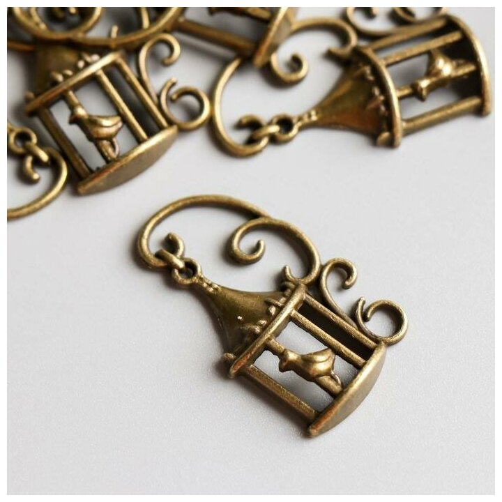 фото Декор металл для творчества "Подвесная клетка с птицей" под латунь (CG1226)