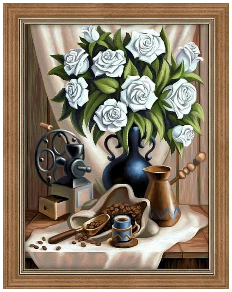 Белые розы и черный кофе #АЖ-1657 Алмазная живопись Набор алмазная мозаика 30 x 40 см