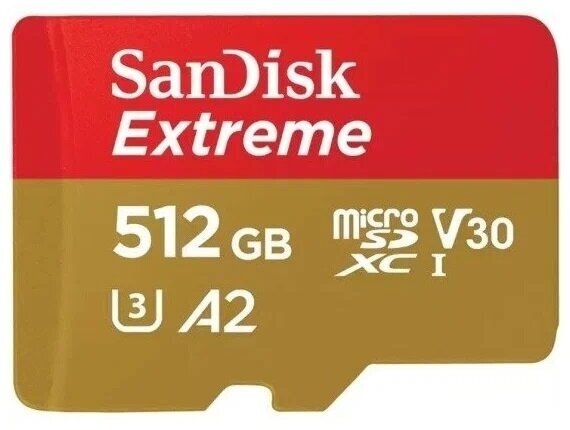 Карта памяти SanDisk Extreme microSDXC Class 10 UHS Class 3 V30 A2 512 GB, чтение: 190 MB/s, запись: 130 MB/s, без адаптера SD