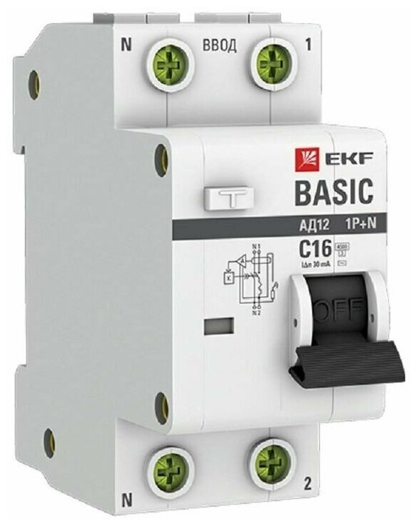 Дифф. автомат (АВДТ) 2-пол. (1P+N) 16А C 30мА тип АС 4.5кА электр. АД-12 EKF Basic - фотография № 1