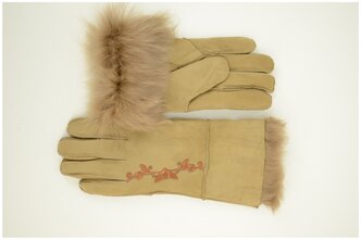 Перчатки женские зимние натуральная замша с натуральным мехом Happy Gloves три цветочка темных темно бежевый размер 7,5