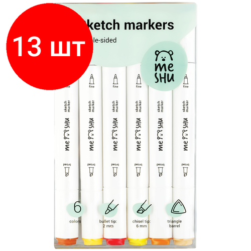 Комплект 13 шт, Набор двусторонних маркеров для скетчинга MESHU 06цв, осенние цвета, корпус трехгранный, пулевид./клиновид. наконечники, ПВХ-бокс комплект 17 шт набор двусторонних маркеров для скетчинга meshu 06цв основные цвета корпус трехгранный пулевид клиновид наконечники пвх бокс