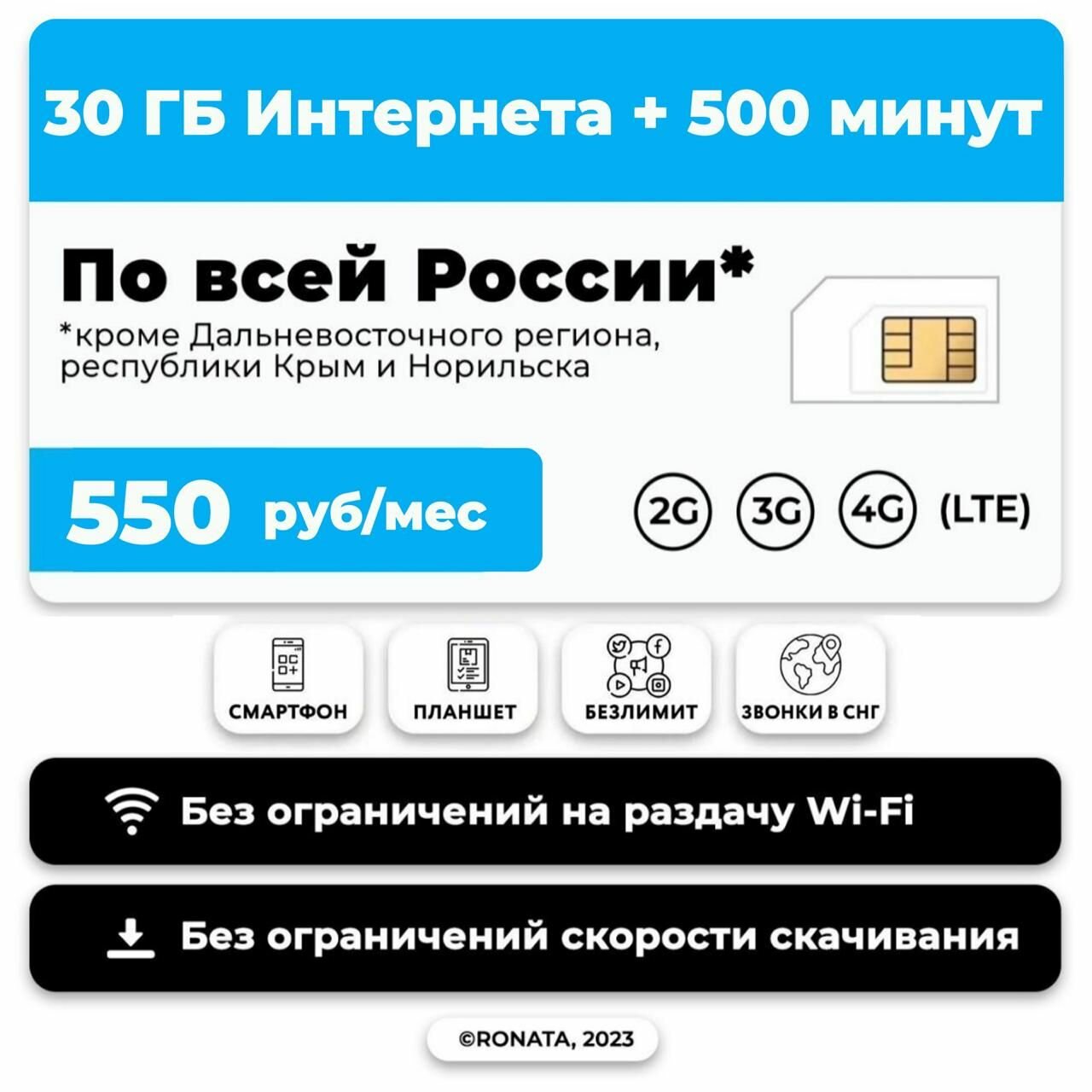 Тариф для планшета и смартфона 500 минут + 30 гб и + звонки в СНГ за 550 р/м + в тариф включена раздача