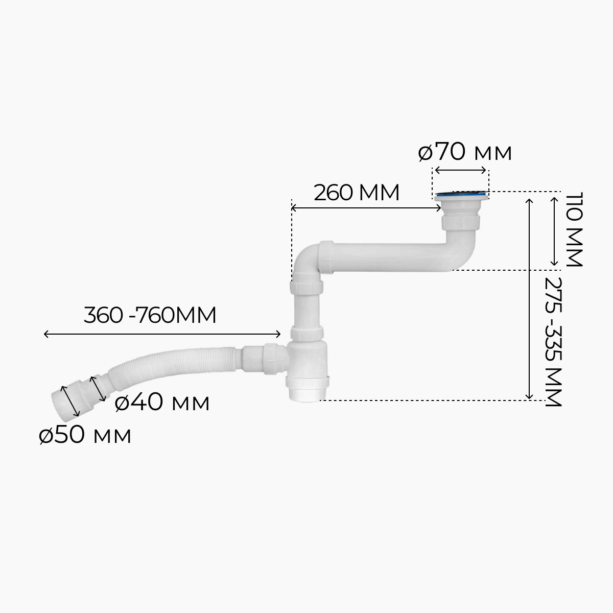 Сифон для кухонной мойки 2 в 1, 1.1/2"х40, с и без отвода для стиральной машины с гибким соединением 40х40/50 — фото 1