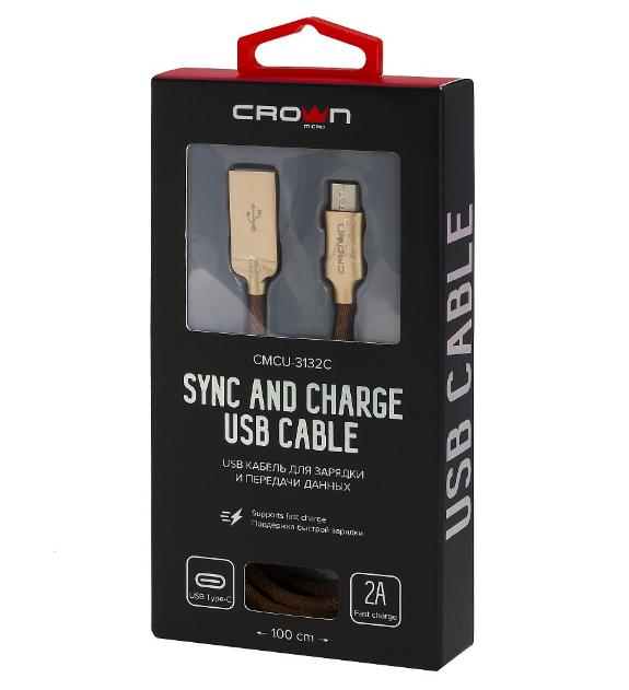 Кабель USB Type-C Crown CMCU-3132C, провод Type-C нейлон, коричневый , круглый, 1 м, 5В/2А, USB 2.0, до 480 Мбит/сек. — фото 1