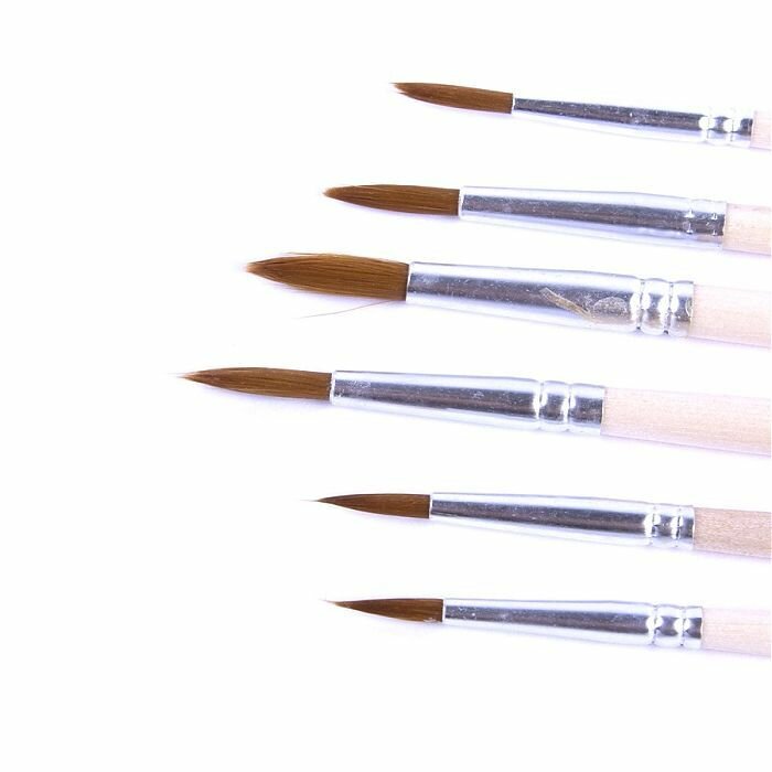 Набор круглых кистей нейлон средней жёсткости 6 штук с деревянными ручками