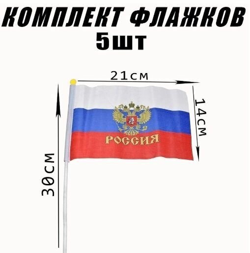 Набор флажков России 5 в 1 с древком. 14 х 21 см. Комплект торжественных знамён