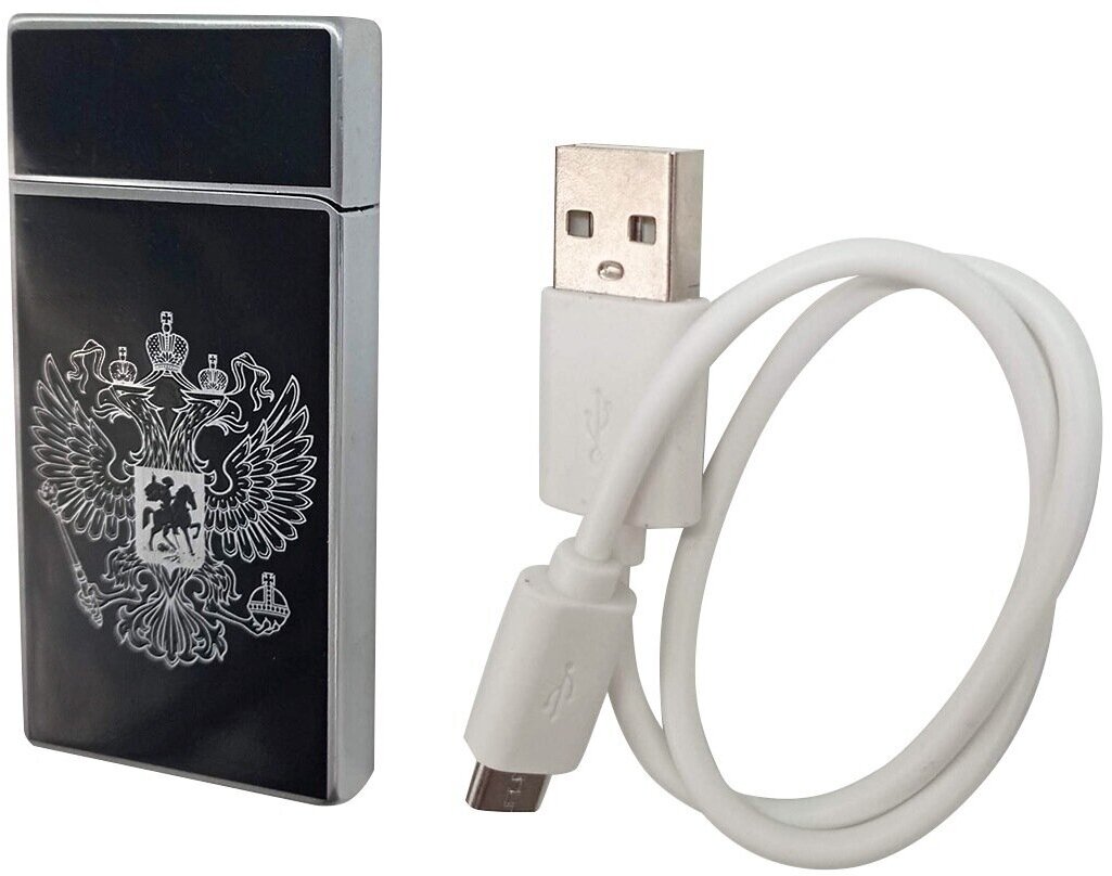 Электронная спиральная зажигалка USB Россия черная с серебряным, с проводом - фотография № 3