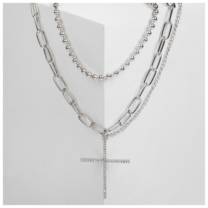 Кулон "Цепь" бусина из жемчуга с крестом, цвет белый в серебре, 45см - фотография № 1