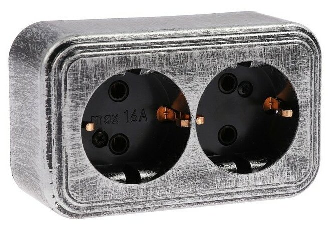 фото Розетка "Элект" RA 16-238-ЧС, 16 А, 250 В, двухместная, открытая, с з/к, черная под серебро