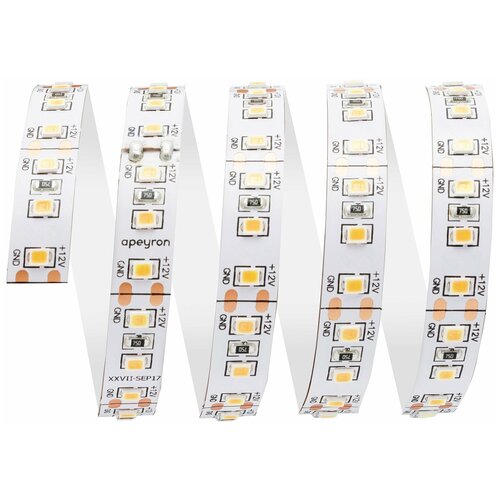 Светодиодная лента Apeyron 00-118 12В, 12Вт/м, smd2835, 120д/м, IP20, 1300Лм/м, 5м, теплый белый