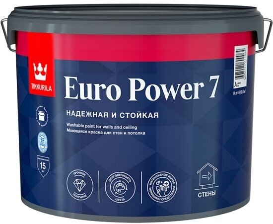 Краска для стен и потолков моющаяся Tikkurila Euro Power-7 (Евро-7) 9л белый (база А)