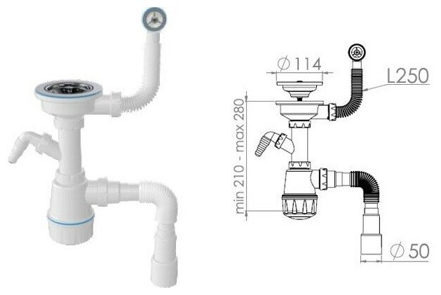 Сифон для кухни с круглым переливом выпуск 3 1/2" с гибкой трубой 1 1/2" AV ENGINEERING (AVE129739)