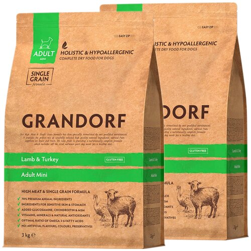 GRANDORF SINGLE GRAIN DOG ADULT MINI LAMB & TURKEY низкозерновой для взрослых собак маленьких пород с ягненком и индейкой (3 + 3 кг)