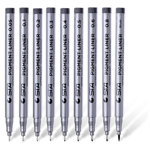 Набор маркеров линеров для скетчинга STA 9 штук, черные, 0.05 мм, 0.1 мм, 0.2 мм, 0.3 мм, 0.4 мм, 0.5 мм, 0.6 мм, 0.8 мм, кисть