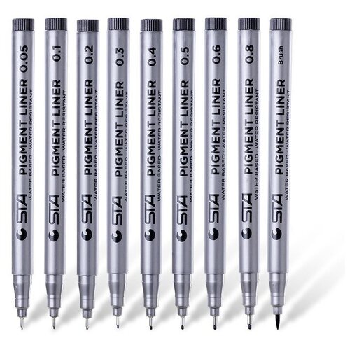 Набор маркеров линеров для скетчинга STA 9 штук, черные, 0.05 мм, 0.1 мм, 0.2 мм, 0.3 мм, 0.4 мм, 0.5 мм, 0.6 мм, 0.8 мм, кисть