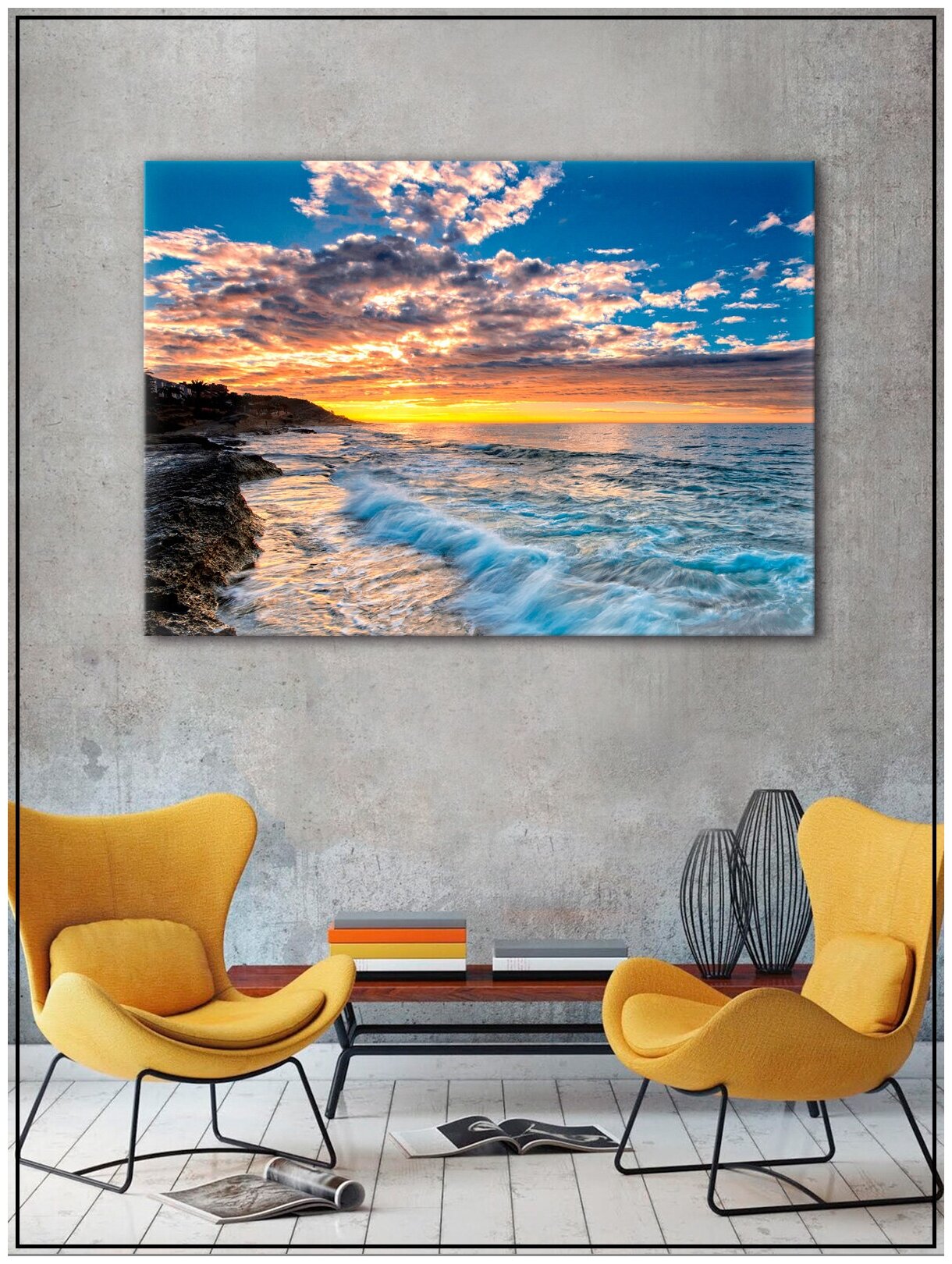 Картина для интерьера на натуральном хлопковом холсте "Рассвет на море", 55*77см, холст на подрамнике, картина в подарок для дома