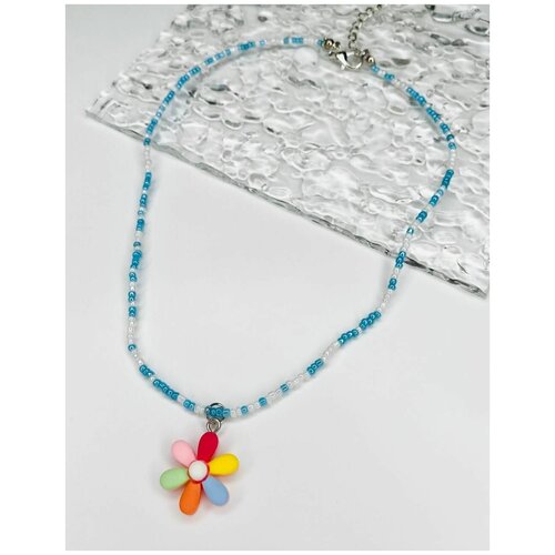 фото Бижутерия женская, детская. ожерелье на шею. голубое ожерелье из бисера с подвеской цветок. короткие бусы с разноцветной ромашкой acfox