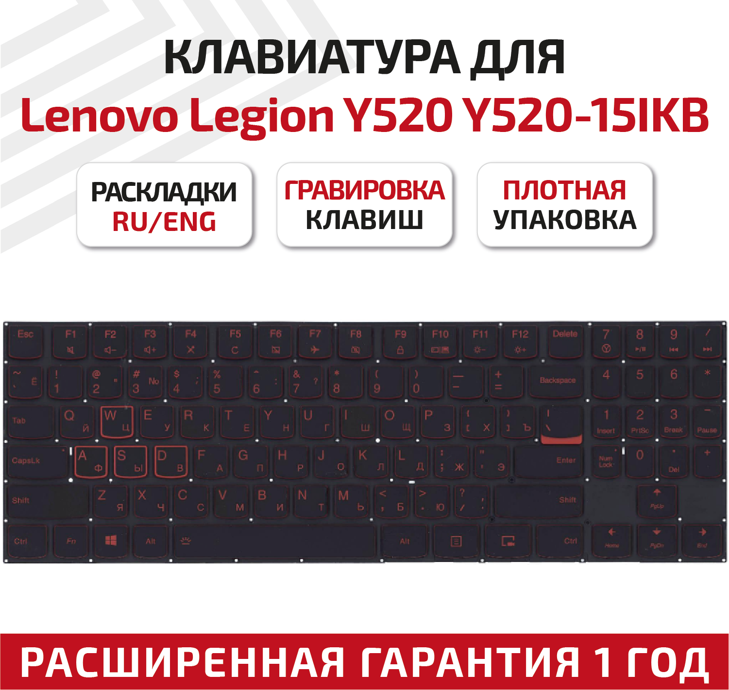 Клавиатура (keyboard) PC5YB-US для ноутбука Lenovo Legion Y520, Y520-15IKB, Y720, Y720-15IKB, R720, R720-15IKB, Y520-15IKBM, черная без рамки