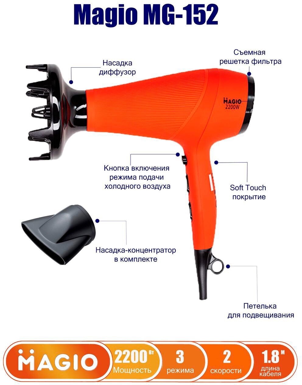 Мощный фен с 2 насадками Magio MG-152 - фотография № 4