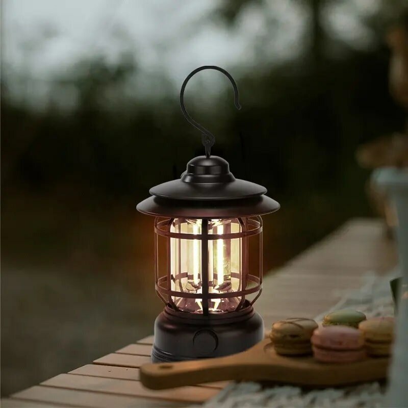 Кемпинговый фонарь для пикника в стиле ретро чёрный / Портативный светодиодный светильник ночник для сна / Лампа настольная
