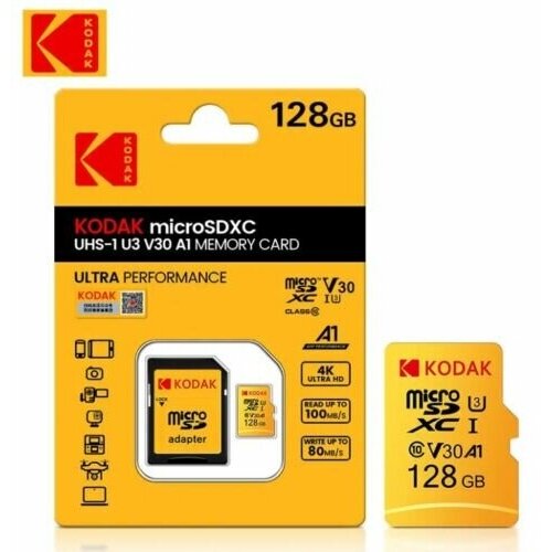 Карта памяти Kodak Micro SD класс 10 UHS-1 U3 V30 A1 128 ГБ 4K флеш карта памяти kodak u1 128 гб 64 гб 32 гб 16 гб карта micro sd высокоскоростная карта памяти micro sd tf sd карта класса 10 tarjeta de