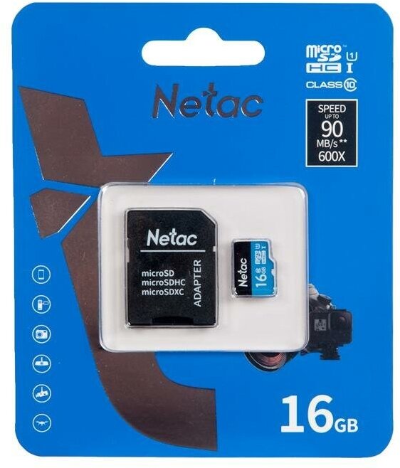 Флеш карта microSDHC 16GB Netac P500 (с SD адаптером) 80MB/s