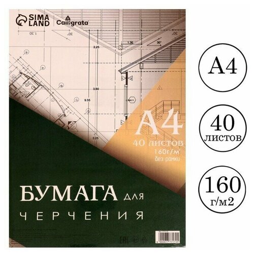 Бумага д/черчения А4 40л 160г/м2 210х297мм, без рамки, блок в т/у плёнке бумага д рисования а4 100 листов 160г м² для творчества в т у плёнке 7777168