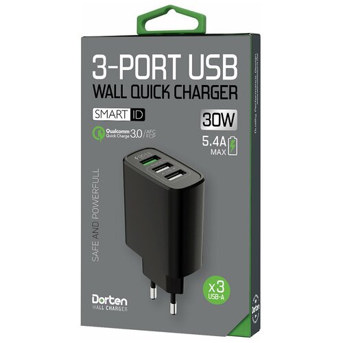 Сетевое зарядное устройство Dorten 3-Port USB Smart ID 30W Wall Quick Charger: QC3.0+2.4A и AFC (Samsung), FCP (Huawei) сетевое зарядное устройство dorten 2 port usb 20 вт черный