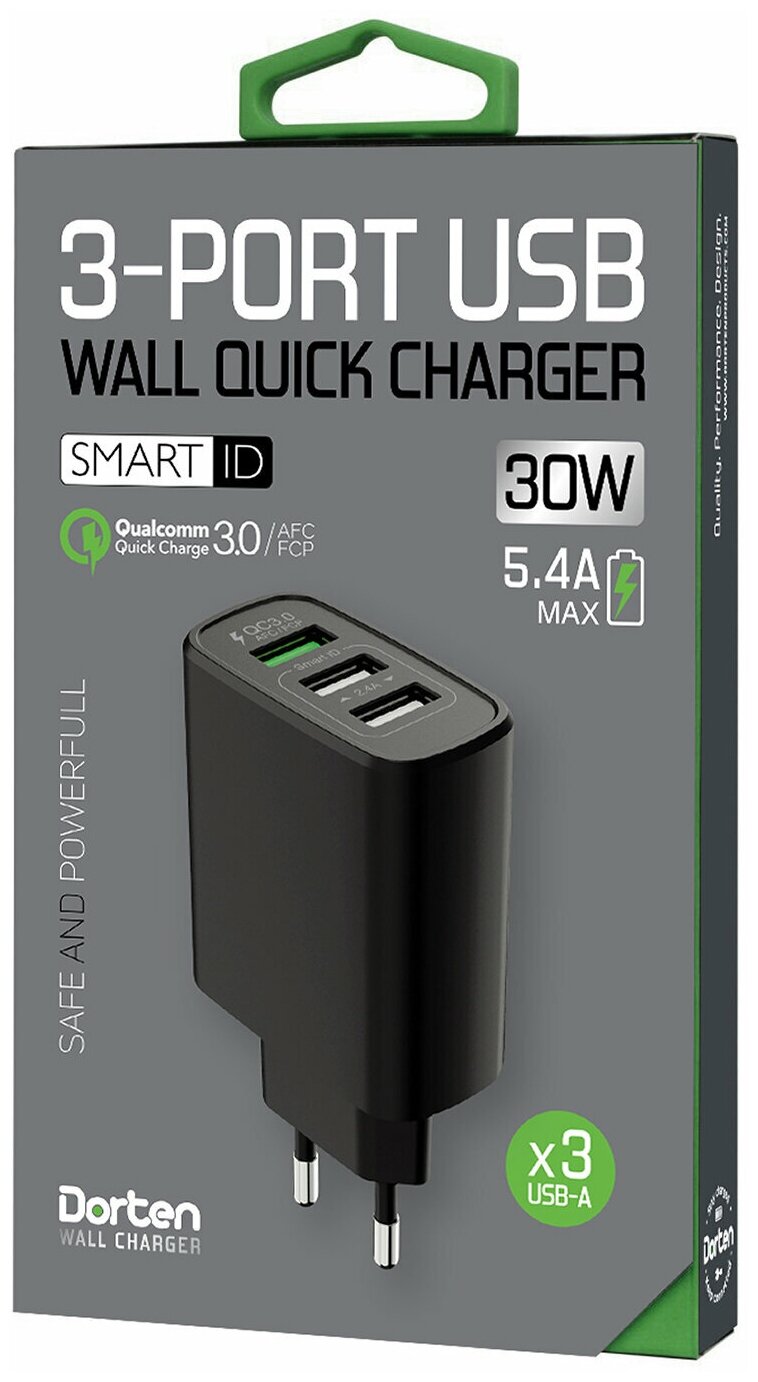 Сетевое зарядное устройство Dorten 3-Port USB Smart ID 30W Wall Quick Charger: QC3.0+2.4A и AFC (Samsung), FCP (Huawei)