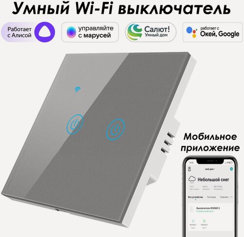 Изображение товара Умный выключатель ROXIMO сенсорный, двухкнопочный, серый, SWSEN01-2S