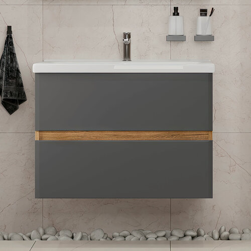 Изображение товара Тумба подвесная SanStar Graffa 70 с раковиной Миранда 70 (комплект) для ванной комнаты Дуб вотан, графит софт