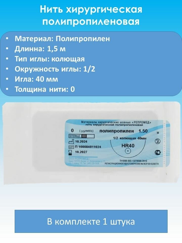Нить Репромед HR-40, для протезов, полипропилен, длина 1,5 м, зеленая