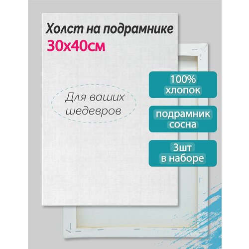 Набор холстов на подрамнике для рисования 30х40 см (3 шт), 100% хлопок, 