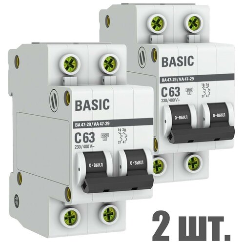 Автоматический выключатель EKF 2P 63А (C) 4, 5kA ВА 47-29 EKF Basic 2 штуки
