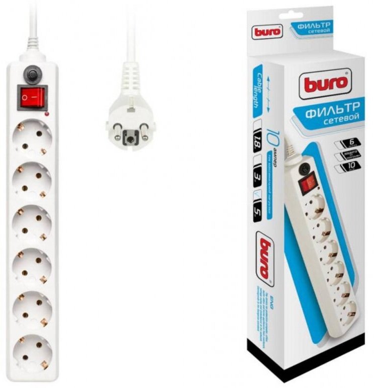 Комплект 4 штук, Сетевой фильтр Buro 600SH-5-W 5м (6 розеток) белый