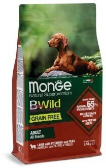 Monge Dog Bwild Grain Free беззерновой корм из мяса ягненка с картофелем и горохом для взрослых собак всех пород 12 кг