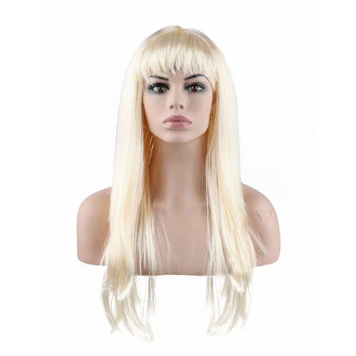парик женский из натуральных волос с короткими кудрявыми волосами с челкой Карнавальный праздничный парик из искусственного волоса Riota Длинные прямые волосы, натуральный блонд, 1 шт