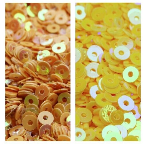 Комплект из двух видов товара: пайетки непрозрачные 3 мм, цвета: оранжевый 10 гр, желтый 10 гр. Всего в комплекте 20 гр. товара.