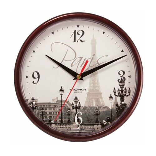 фото Часы настенные troyka 91931927, круг, с рисунком "paris", коричневая рамка, 23х23х4 см, 1 шт. тройка