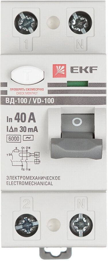 УЗО EKF PROxima ВД-100 40А 30 мА 2P тип АС 6 кА (elcb-2-6-40-30-em-pro)