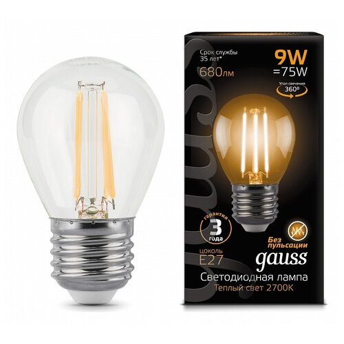 Упаковка светодиодных ламп 2 шт. gauss 105802109, E27, G45, 9Вт, 2700 К
