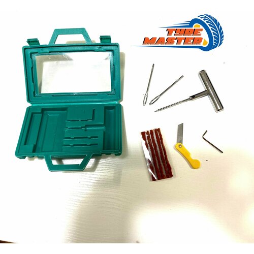 Набор для ремонта бескамерных Tyre Master шин 5 предметов в кейсе: клей, 5 жгутов, Т инструмент, нож