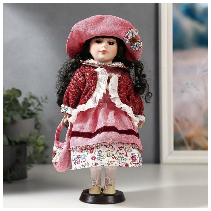 Кукла коллекционная КНР керамика, "Даша в коралловом платье и бордовом джемпере" 30 см (4822709)