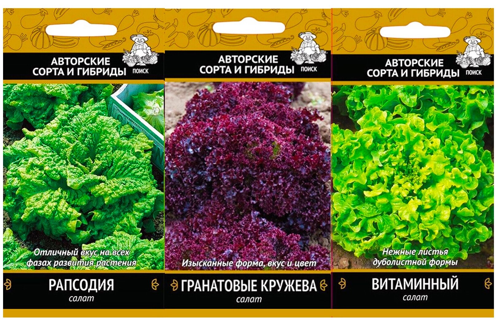 Набор семян из 3 упаковок вкуснейших салатов 3 сорта: Витаминный Рапсодия Гранатовые кружева