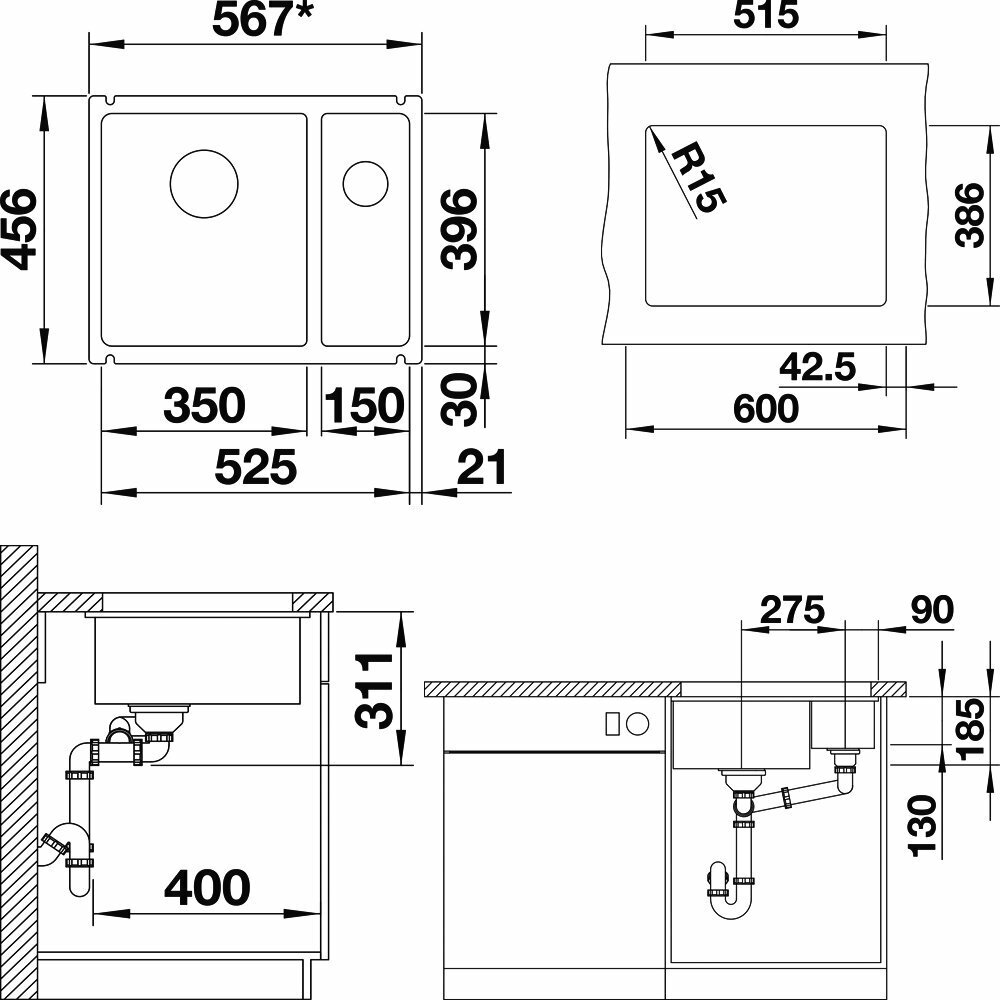 Мойка кухонная Blanco Subline 350/150-U белая - фото №7