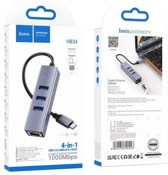 Хаб Гигабитный HOCO HB34 Type-C to USB 30 - 3  + RJ45