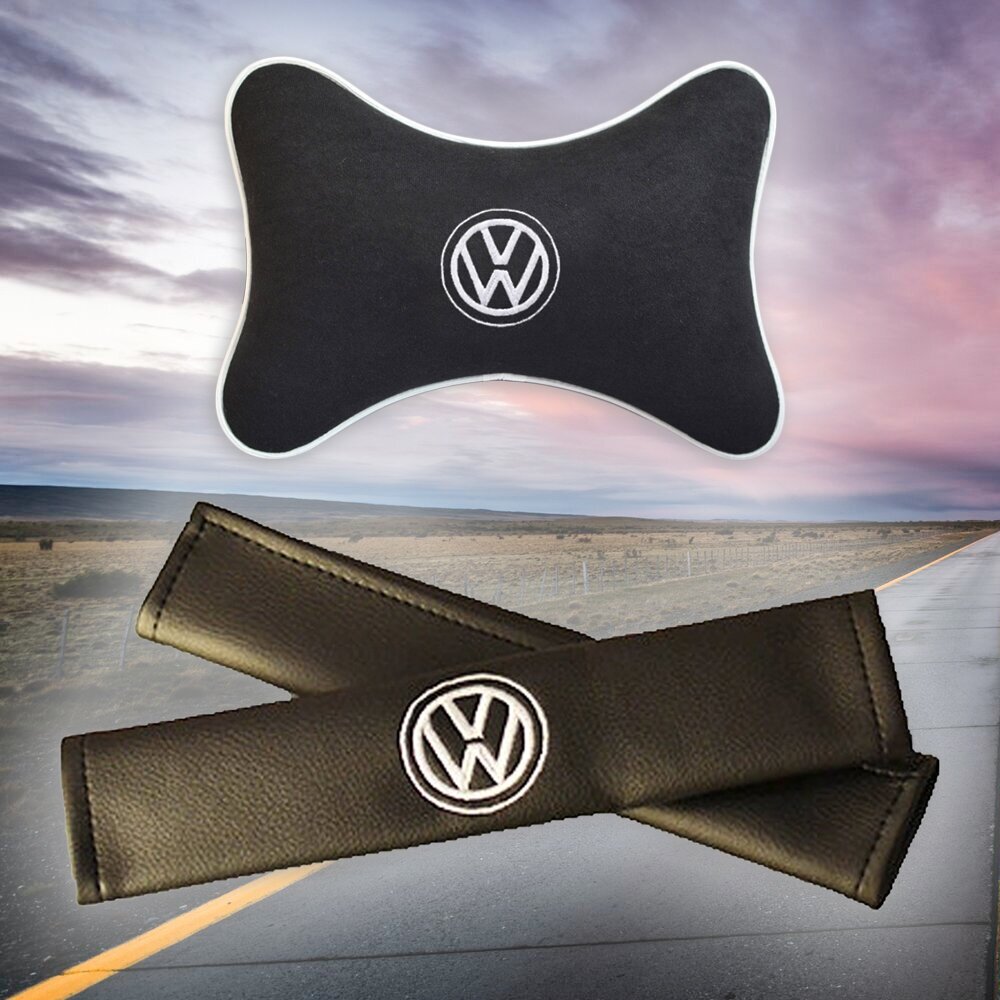 Подарочный набор автомобилиста из черного велюра для Volkswagen (фольцваген) (подушка под шею на подголовник и накладки на ремень безопасности)